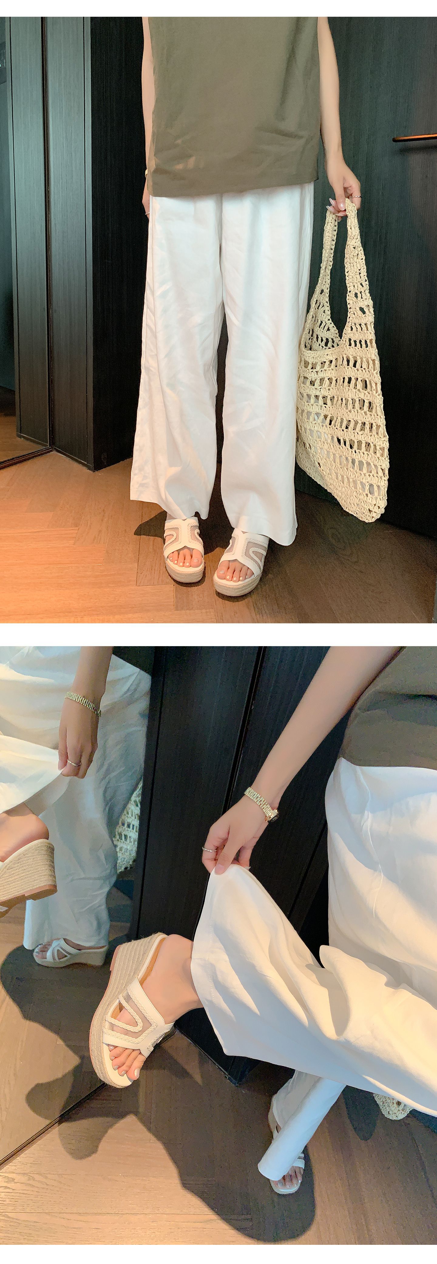 Sandal cao gót nữ hở mũi đế xuồng 9 cm, phong cách boho đan rơm — màu vàng, màu trắng ngà chi tiết 16