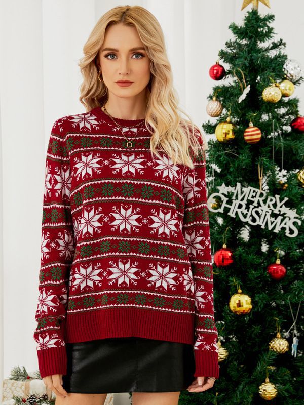 2023 Amazon europeo y americano cuello redondo Navidad rojo suéter Navidad manga larga copo de nieve Navidad suéter
