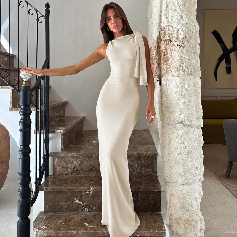Amazon's Best-Selling Women's Clothing 2026 Summer New Fashion Stylish One-Shoulder Ribbon Solid Color Dress Foreign Trade Wholesale