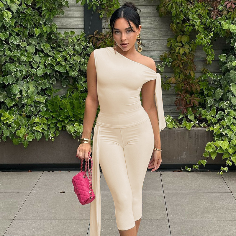 Women's Clothing Women's Sleeveless Asymmetrical Neck Top And Tie Shorts Versatile Set Slim Fit Street Style Fashion Autumn_ecoleips.com