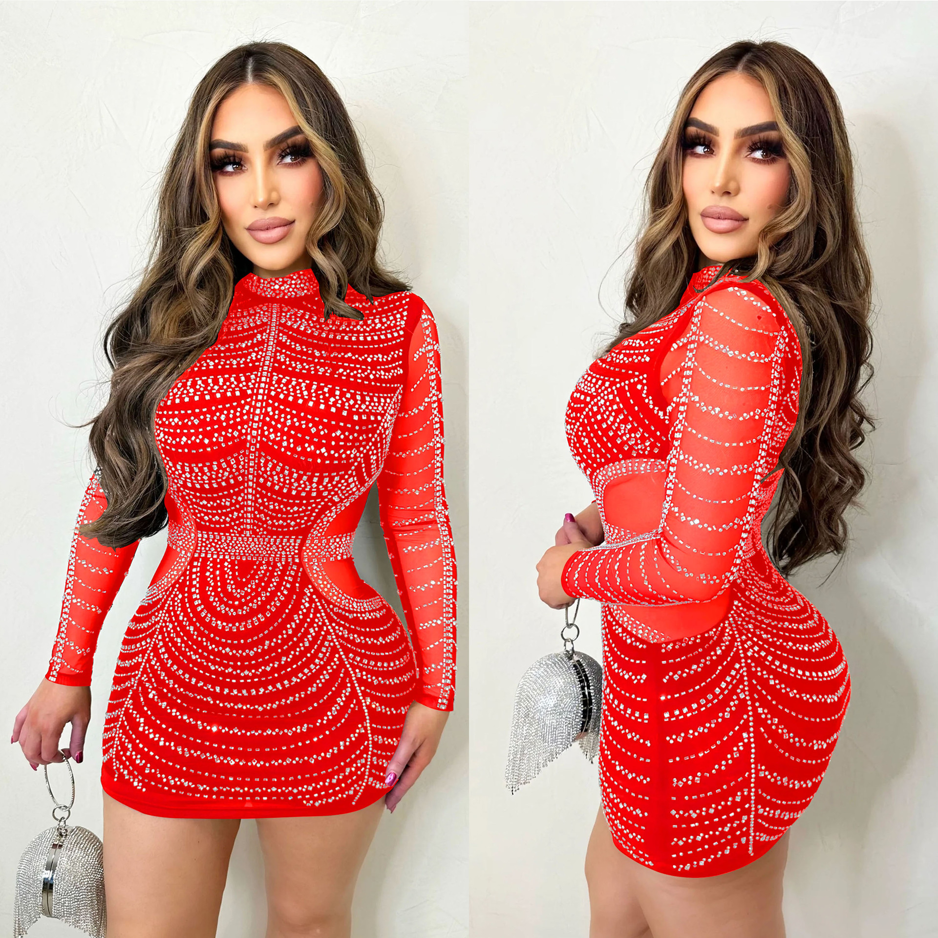 C6385 AliExpress Amazon moda europea y americana de las mujeres color sólido rhinestone malla perspectiva manga larga Falda corta vestido image 4