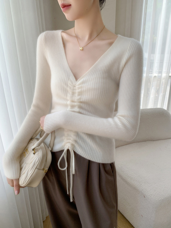 设计感~时尚V领抽绳系带修身显瘦山羊绒女内搭羊毛针织打底衫批发|undefined