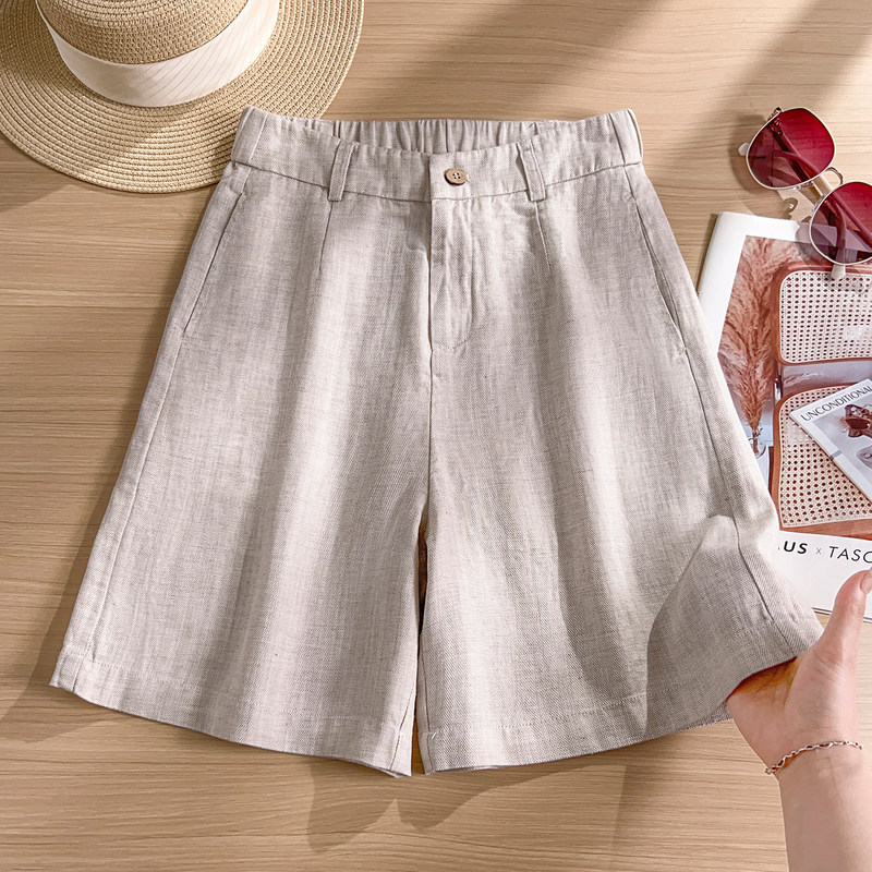 Khaki Tencel Linen Wide-Leg Shorts for Women 2026 Summer New Slim-Fit Petite Straight-Leg Casual Shorts