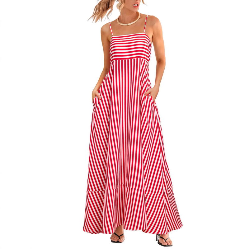 2026 European and American Amazon Women's Summer Ultra-Long Dress Casual Sleeveless Striped Beach Long Dress with Pockets 2026 European and American Amazon Women's Summer Ultra-Long Dress Casual Sleeveless Striped Beach Long Dress with Pockets