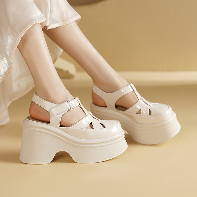 Sandal cao gót nữ 10 cm quai ngang mũi hở đế platform da bóng — Màu đen, Màu trắng be