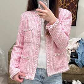 名媛风粗花呢外套女2025春季显白四口袋编织装饰短款织带边上衣