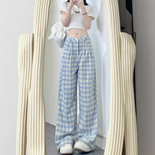 韩系少女春夏新款蓝色格子阔腿裤女高腰宽松大码直筒阔腿休闲裤子