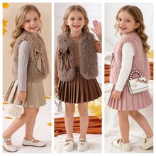 亚马逊欧美秋冬新款女童套装纯色毛毛衣配长袖上衣搭皮裙三件套