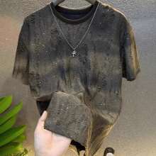 时尚热销夏季新款破洞满天星卫衣男渐变上衣宽松套头短袖t恤