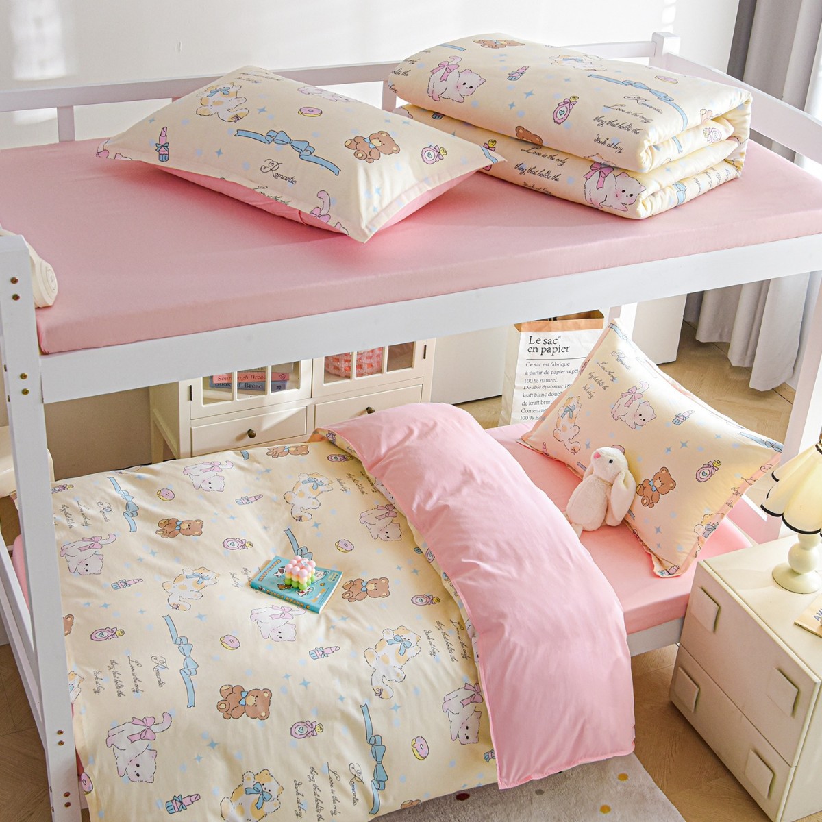 Dormitorio de estudiantes universitarios de tres piezas de cama de algodón puro, sábanas de cama de algodón, sábanas de dormitorio, cuatro piezas de dibujos animados