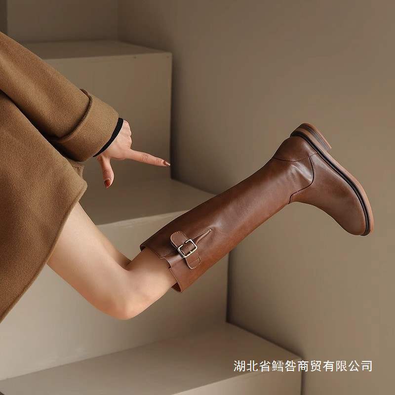 Long Knight Boots 2025 Autumn and Winter Versatile Brown Fleece-Lined Knee-High Slim High Boots Women's Flats Knee-High Boots