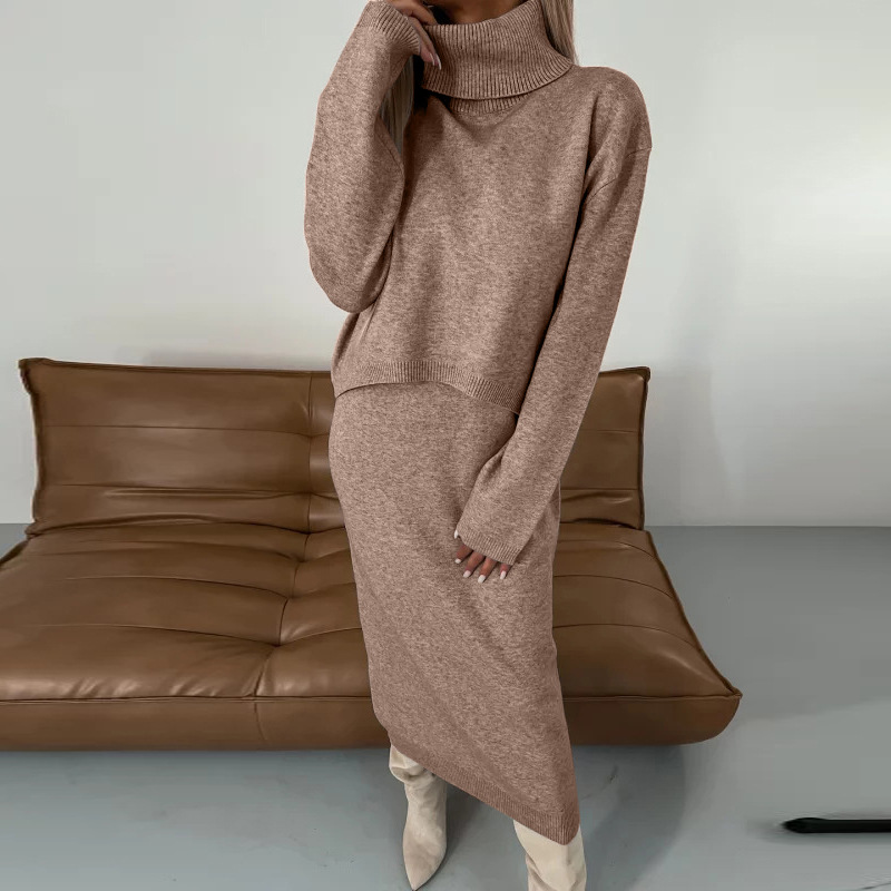 New Sweater Dress Autumn And Winter Turtleneck Long Dress Two-Piece Set Solid Color Knitted Dress 23 Undefined
