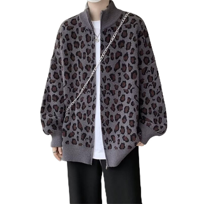 Explosiones transfronterizas de tamaño europeo de tamaño grande leopardo cardigán chaqueta jersey jersey hombre alto otoño invierno fábrica de suéter al por mayor
