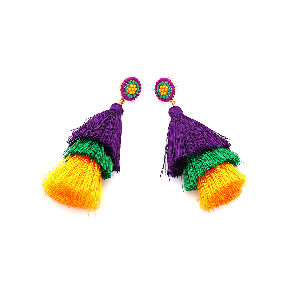 1 Pair Casual Retro Round Tassel Inlay Polyester Zinc Alloy Seed Bead Drop Earrings display picture 3