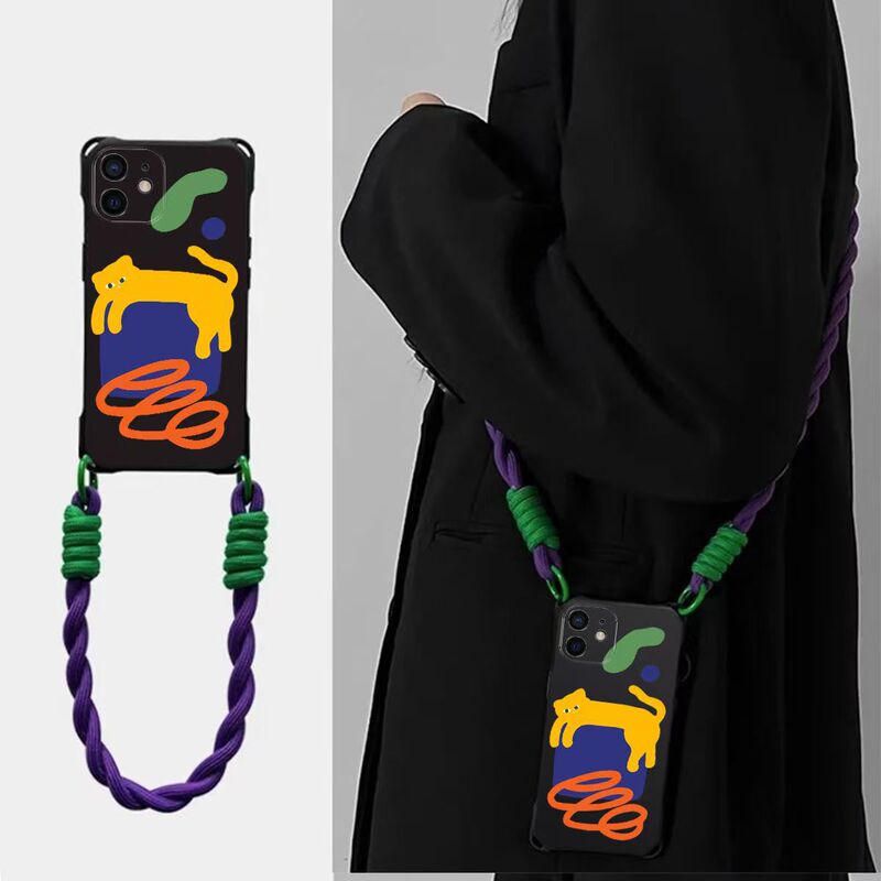 Cat Square Apple 16Promax Crossbody Phone Case Iphone14 Anti-Fall 13 Wristband 12 Soft Case 11/XS