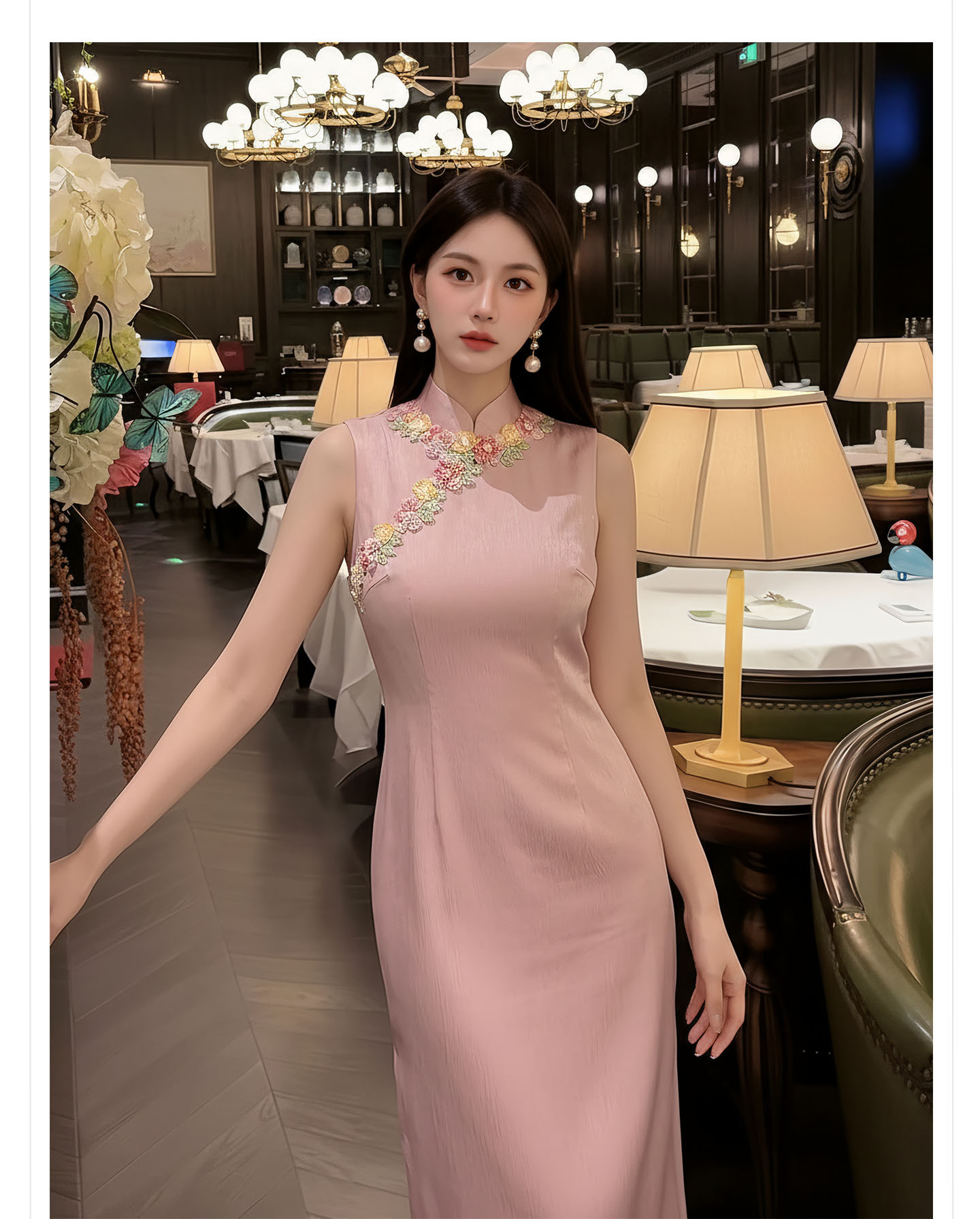Bộ váy đầm maxi thắt eo kiểu Trung Hoa cải tiến kèm áo khoác choàng tua rua — Trang chủ, bộ đồ, váy liền, váy xanh chi tiết 6