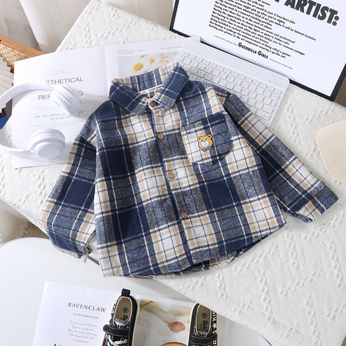 Children's Shirt New Autumn/Winter Korean Style Boy's Collared Plaid Top Girl's Casual Open Cardigan Long Sleeve Base Shirt