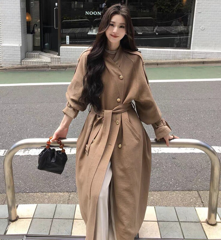 早秋穿搭巨好看风衣女2025新款高个子亚麻双排扣肩带长款大衣外套|undefined