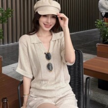 老钱风亚麻领针织短袖恤女夏季穿搭慵懒风宽松显瘦半袖上衣
