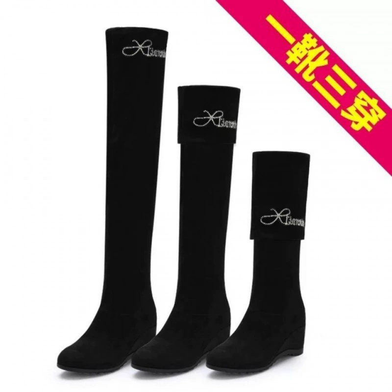 [Одна обувь из двух носков] Весенне-осенние и зимние сапоги Короткие сапоги Joker на внутренней высоте Длинные сапоги Эластичные флисовые теплые женские сапоги средней длины