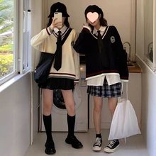 春秋套装女学生韩版宽松领带衬衣学院风针织马甲毛线外套两件套潮