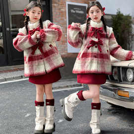 女童红色毛呢秋冬套装甜美香风蝴蝶结格子棉外套半身裙两件套