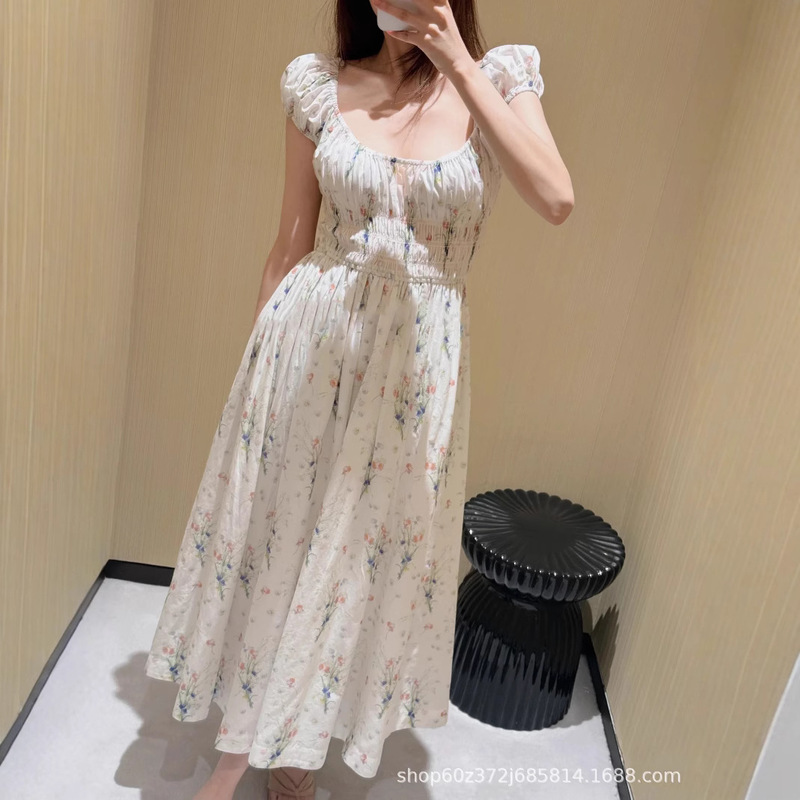 American DO Home 2025 Summer New Romantic Floral Print Bubble Sleeve Crewneck Drawstring Waist Long dress
