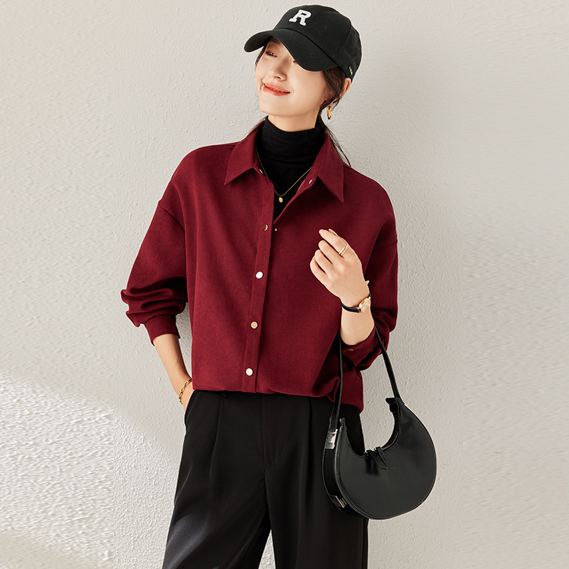 wine red Lapel Sanding Shirt Women's Autumn New Loose Casual All-match Top Retro Stacked Long-sleeved Shirt