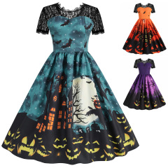 Cクロスボーダーのハロウィンの装いの女性欧米の熱い販売の爆発のレースの丸首の半袖のプリントの大きい振り子のワンピース