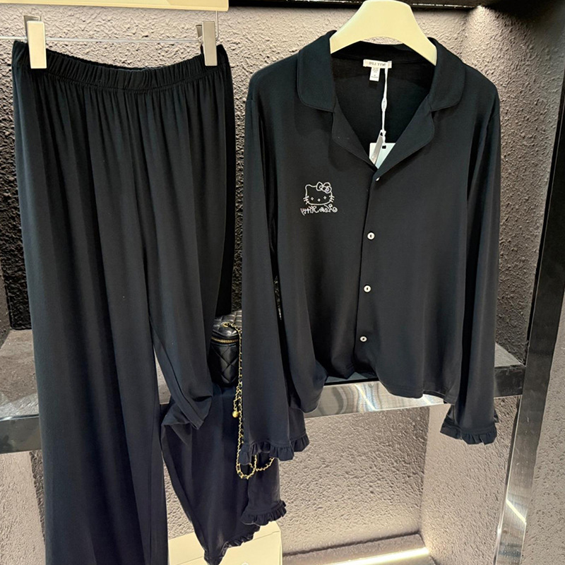高级感黑色Hello Kitty莫代尔睡衣女春秋新款长袖长裤家居服套装|undefined
