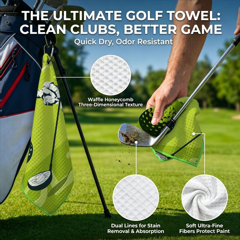 [in Stock + Customizable] Printed Waffle Sports Towel with Carabiner Clip, Microfiber Golf Towel