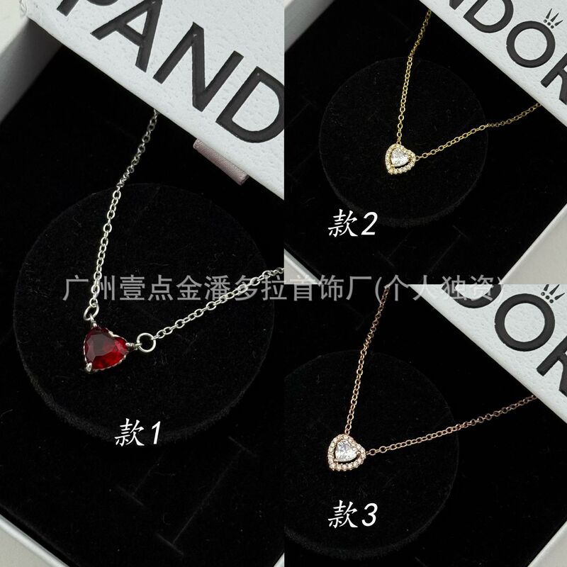 Panpan's Same Style White Copper Electroplated Thick 925 Silver Necklace Classic Red Heart Necklace Gold Rose Gold Heart Ins