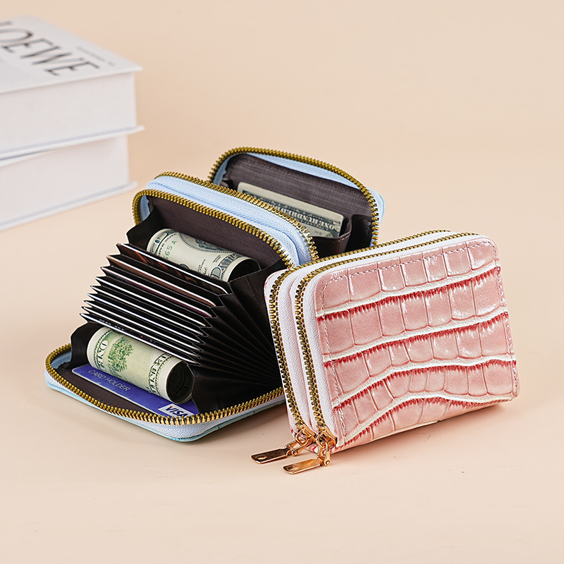 New Solid Color Multifunctional Simple Crocodile Macaron Color Double Zipper Organ Card Bag Cross-border Hot-selling Coin Purse