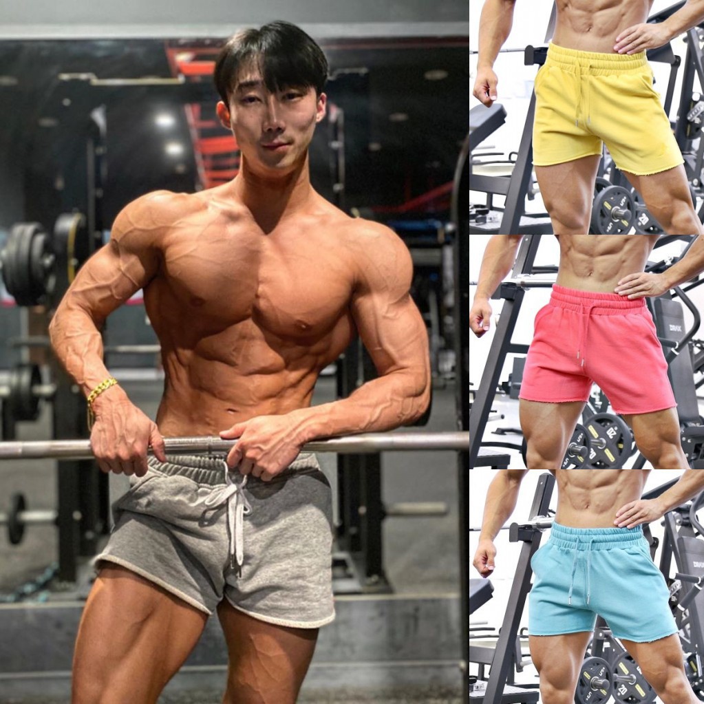 韓版肌肉健身短褲男士彈力深蹲器械訓練三分短褲純棉純色練腿神褲