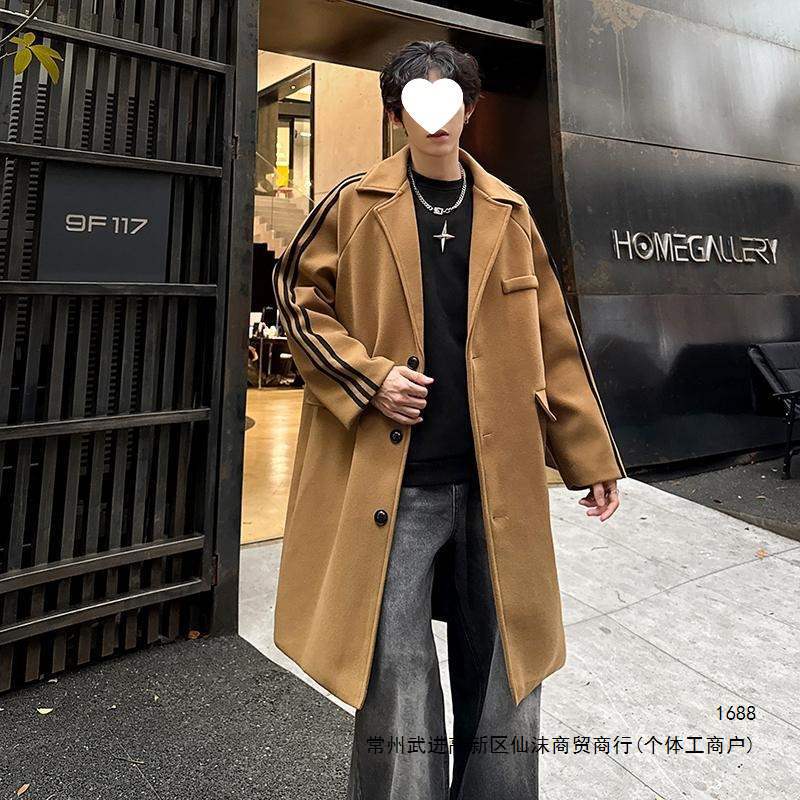 潮牌个性三条杠毛呢大衣男加厚中长款呢子风衣外套黑色深灰色现货