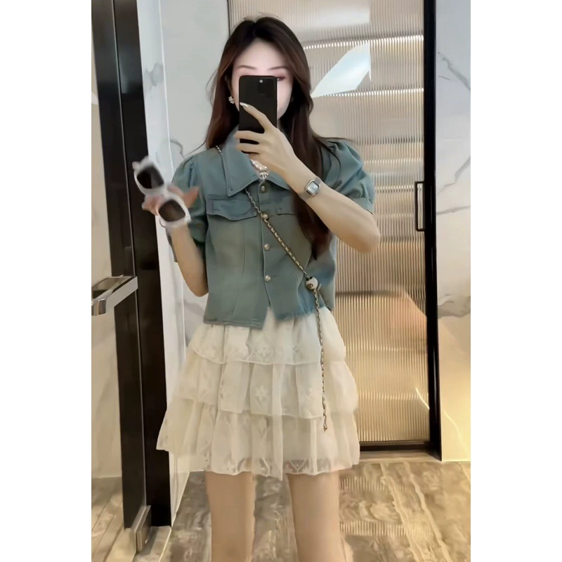 «Кросс-браничная торговля»? universal design set, brace, denim jacket, city style, trend of season, with short sleeve