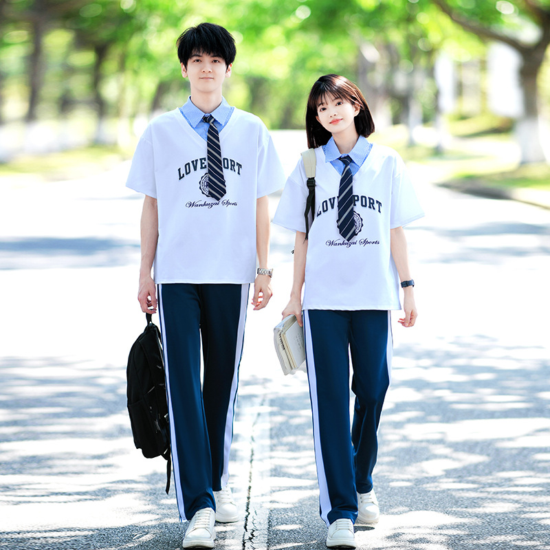 School Uniform Set for Summer, Short-Sleeved T-Shirt for Junior High School Students, College-Style Class Uniform, Sports Meeting, Graduation Photo, Performance Outfit
