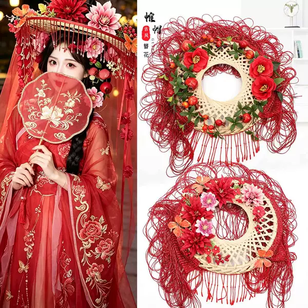 Traditional Chinese Hanfu Red Flowered Veil Hat with Fairy-like Tassels and Bead Curtains, High-end Headwear for Female Heroes in Travel Photography