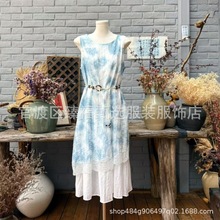 手工扎染蓝染蓝白染假两件刺绣蕾丝背心裙连衣裙宽松长裙配腰带