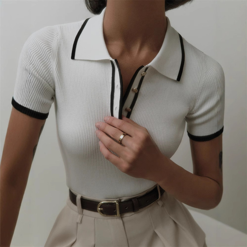2025 spring and summer Europe and the United States cross-border slim short sleeve lapel top new thread tight contrast color temperament sweater