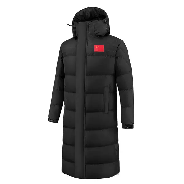 National team sports long winter padded cotton coat for men and women, suitable for winter training, fleece-lined, knee-length, and designed for cold weather