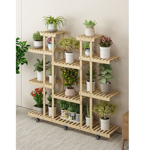 zsr solid wood flower rack multi-layer indoor balcony space-saving rack living room flower pot rack home green