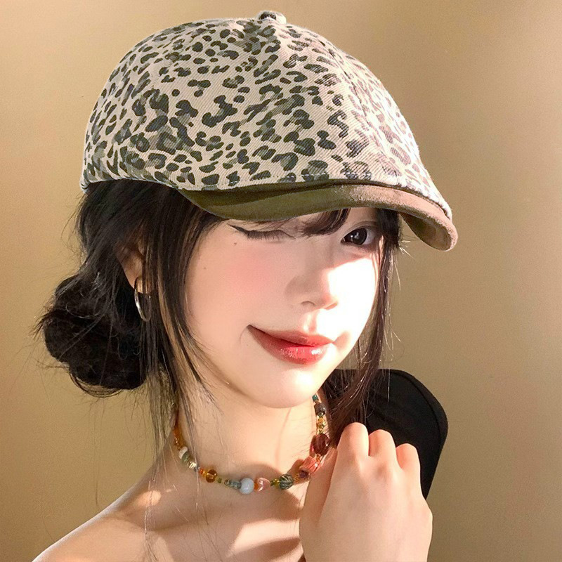 美式复古辣妹风豹纹前进帽大头围显脸小帽子女款春秋百搭贝雷帽潮|undefined