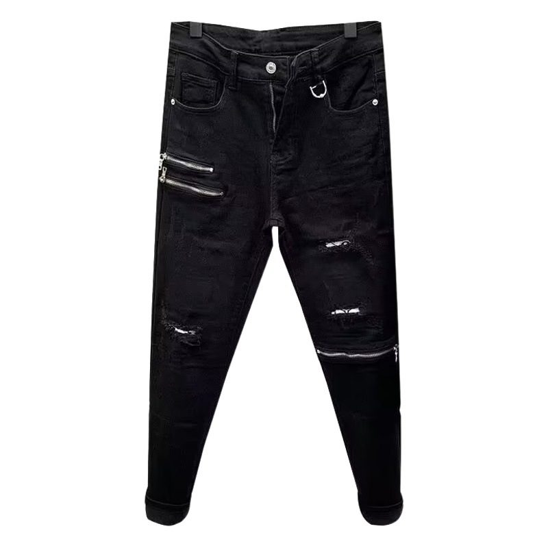 Douyin nuevos jeans con cremallera para hombre 2024 primavera moda estación europea slim-fit agujero guapo tendencia pantalones para hombre