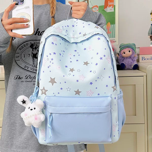 Cross-Border Trend: Fresh and Simple Style, Lightweight School Bag for Middle and High School Students, Versatile Star-Printed Backpack, Large-Capacity Double-Shoulder Bag