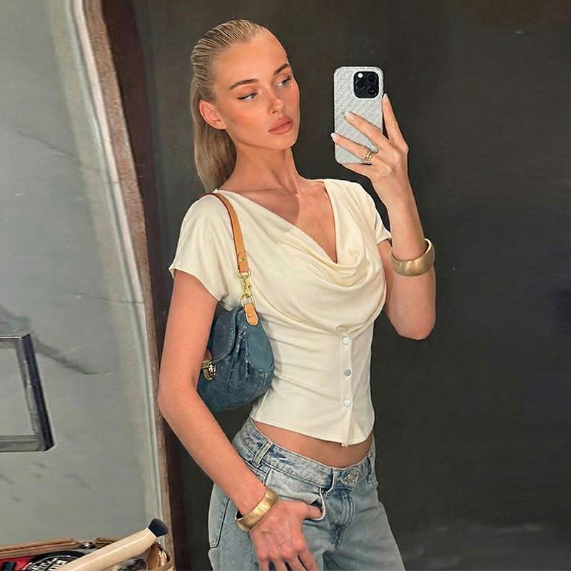 Women's Clothing American Style Slim Fit Short Sleeve T-Shirt Niche Oval Neck Fashion Hot Girl Top New_ecoleips.com