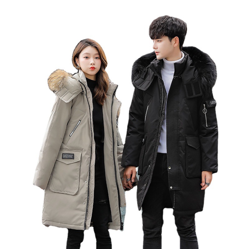 Transfronterizo nueva pareja de mediana longitud sobre la rodilla Chaqueta de plumón para hombre engrosada pato blanco abajo de moda para hombres y mujeres mismo abrigo de moda