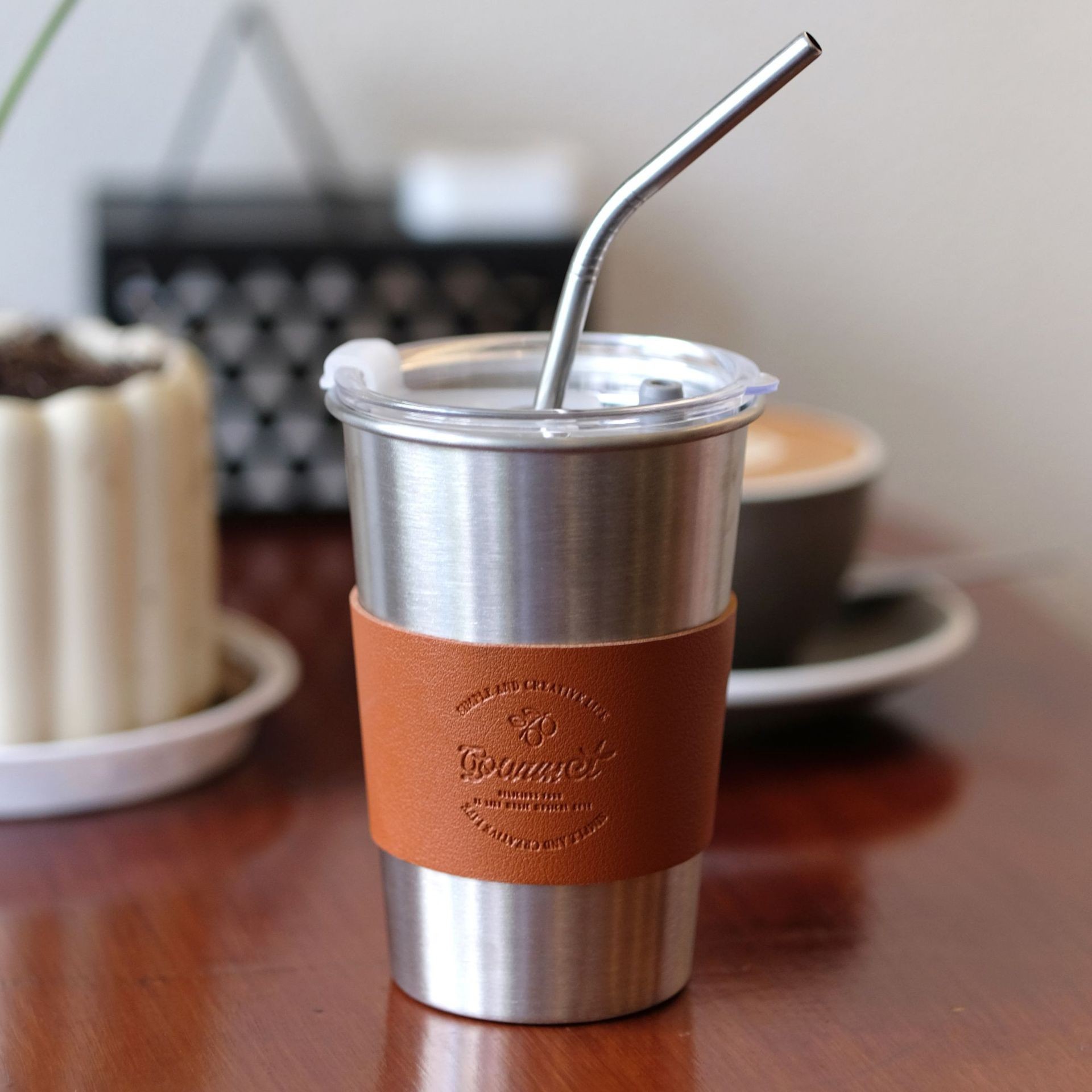 304 Stainless Steel Single-Layer Coffee Cup with Straw Insulated Anti-Scalding Cup Sleeve Ins Outdoor Handy Cup Beer Cup