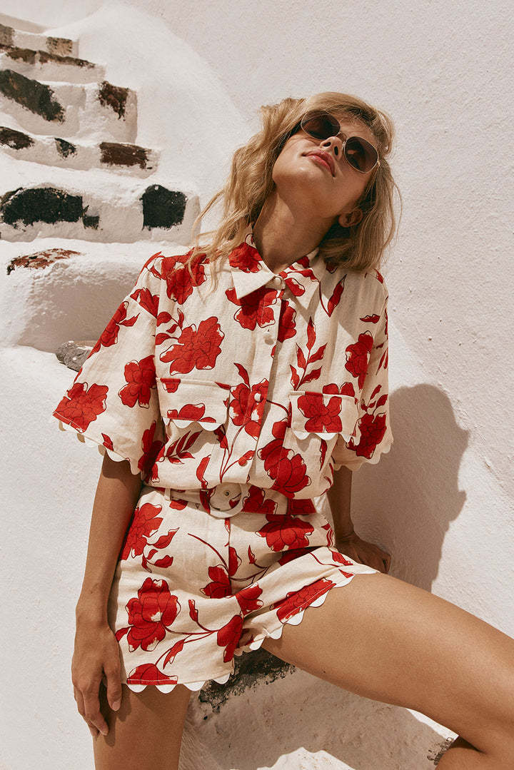 Linen, Polyester, Hemp Fabric Type Shorts Co-ord Set Sets Type Holiday Women's Vacation Simple Style Flower Linen Polyester Hemp Shorts Co-ord Set Shorts Sets