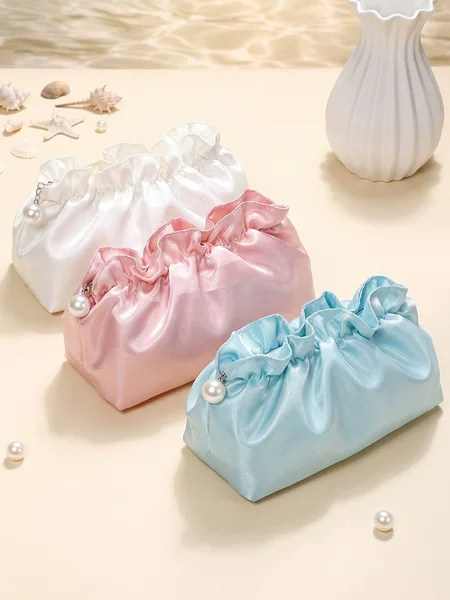 Large-Capacity Portable Satin Makeup Bag, Travel-Friendly, Non-Collapsible, New Style, Pearl Cosmetic Carry-On Storage Bag, in Stock
